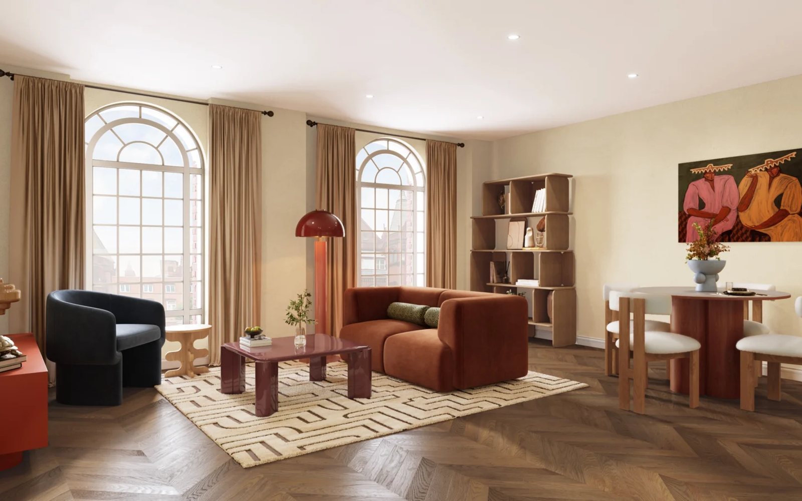 Birmingham development, living room with arched windows